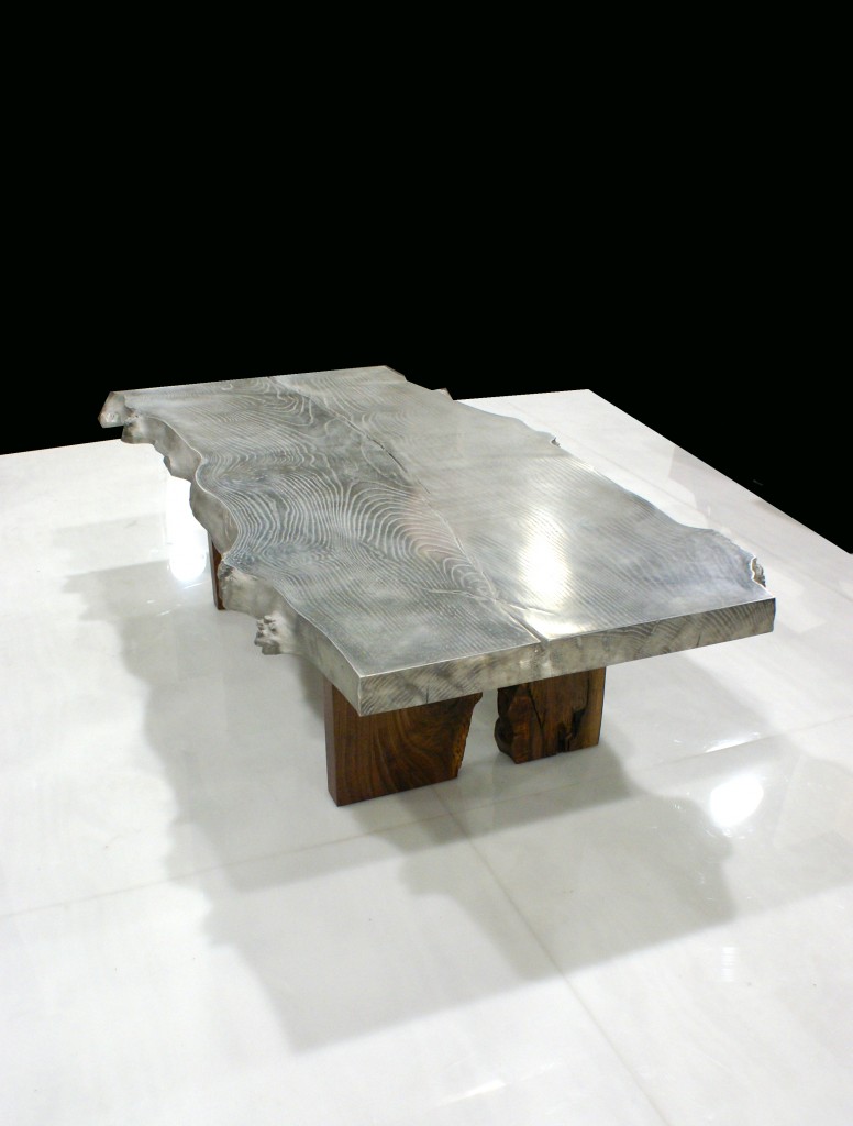 cast aluminum slab wood coffee table with black walnut legs